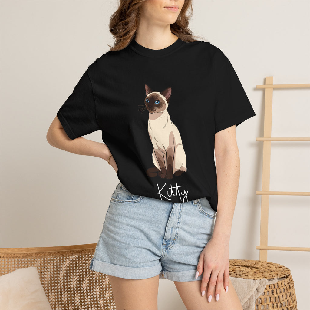 Woman wearing personalised Siamese cat T-shirt - lifestyle photo