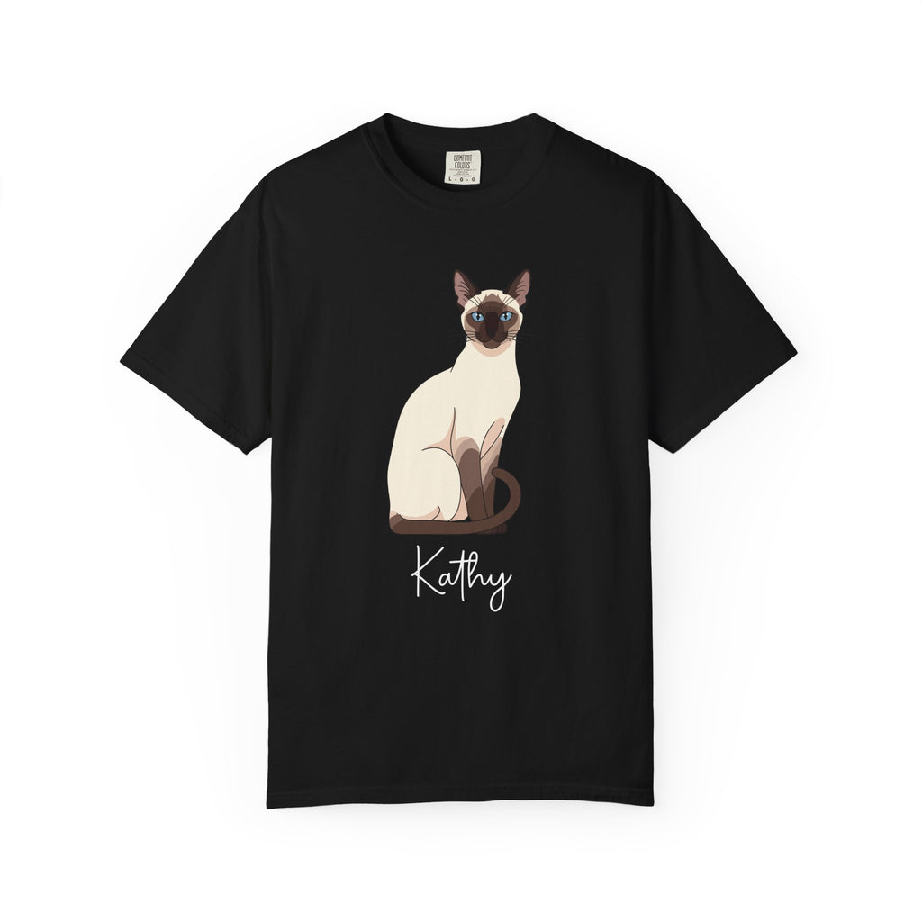 Personalised Siamese cat T-shirt with custom name - vector portrait illustration front view