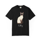 Personalised Siamese cat T-shirt with custom name - vector portrait illustration front view