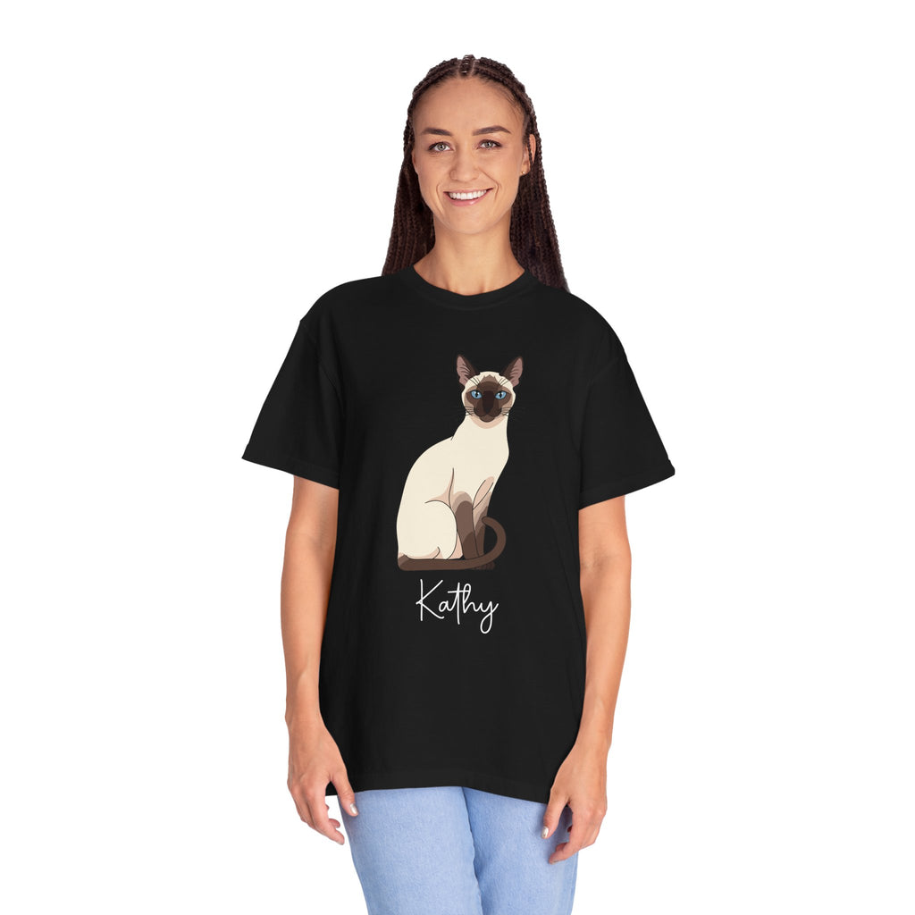 Personalised Siamese cat portrait tee on model - lifestyle photo
