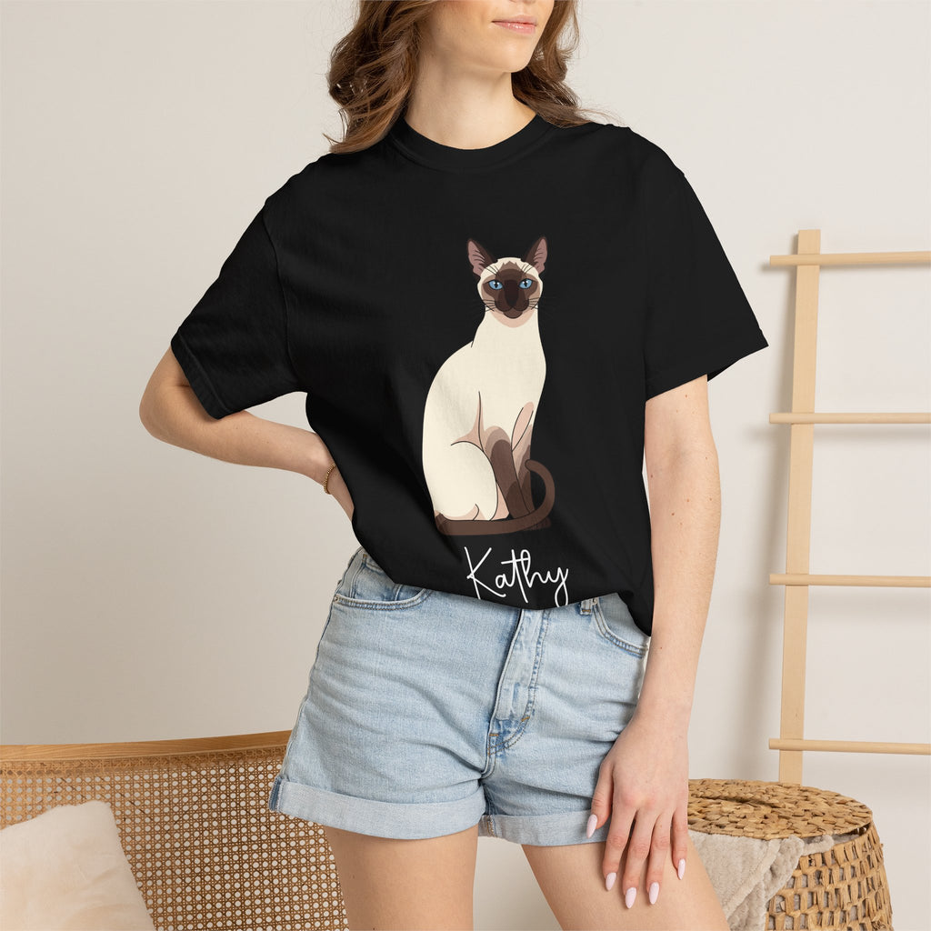 Woman wearing personalised Siamese cat portrait T-shirt - lifestyle photo