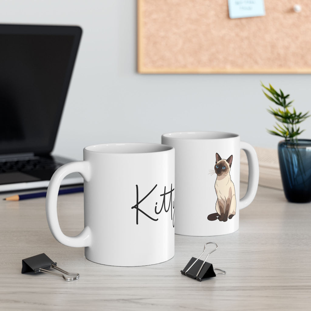 Personalised Siamese cat coffee mug on desk - lifestyle photo
