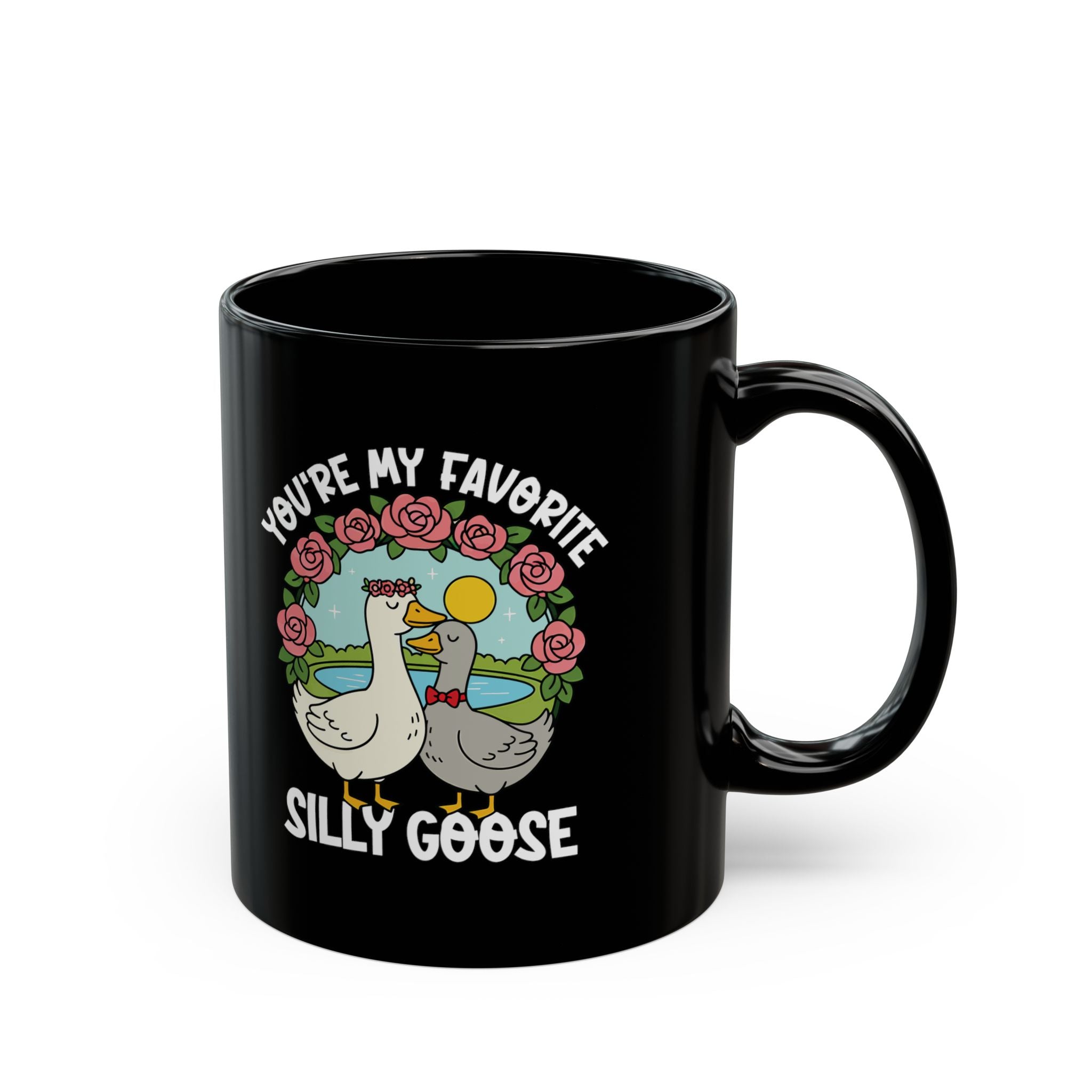 Silly Goose mug with illustrated goose couple and floral wreath