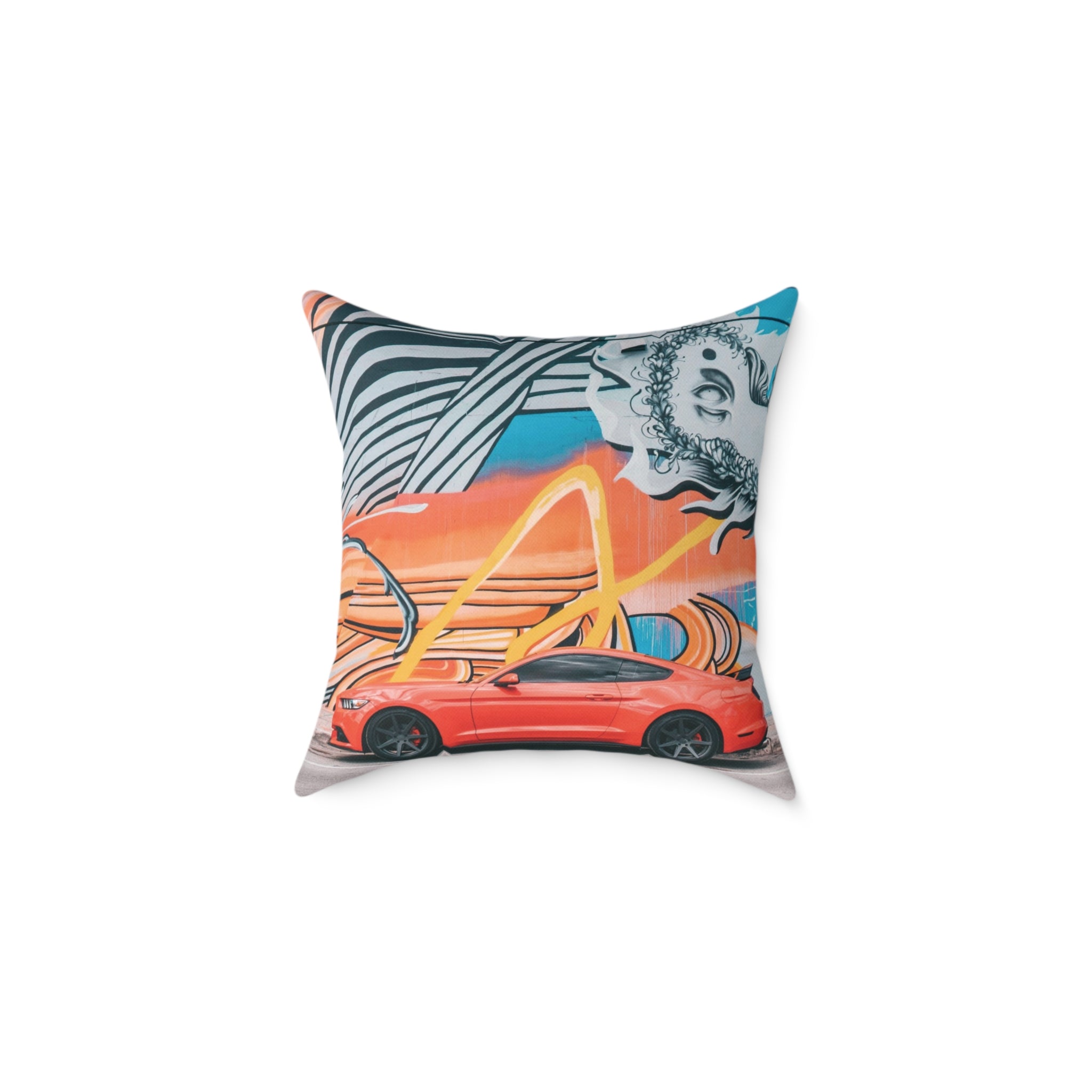 Back view of muscle car street art cushion