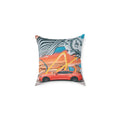Sports car street art pillow with red muscle car and graffiti backdrop