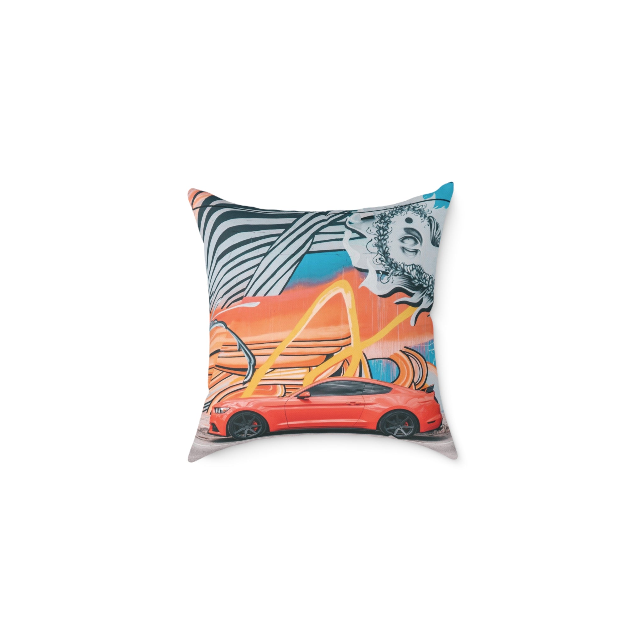 Sports car street art pillow with red muscle car and graffiti backdrop