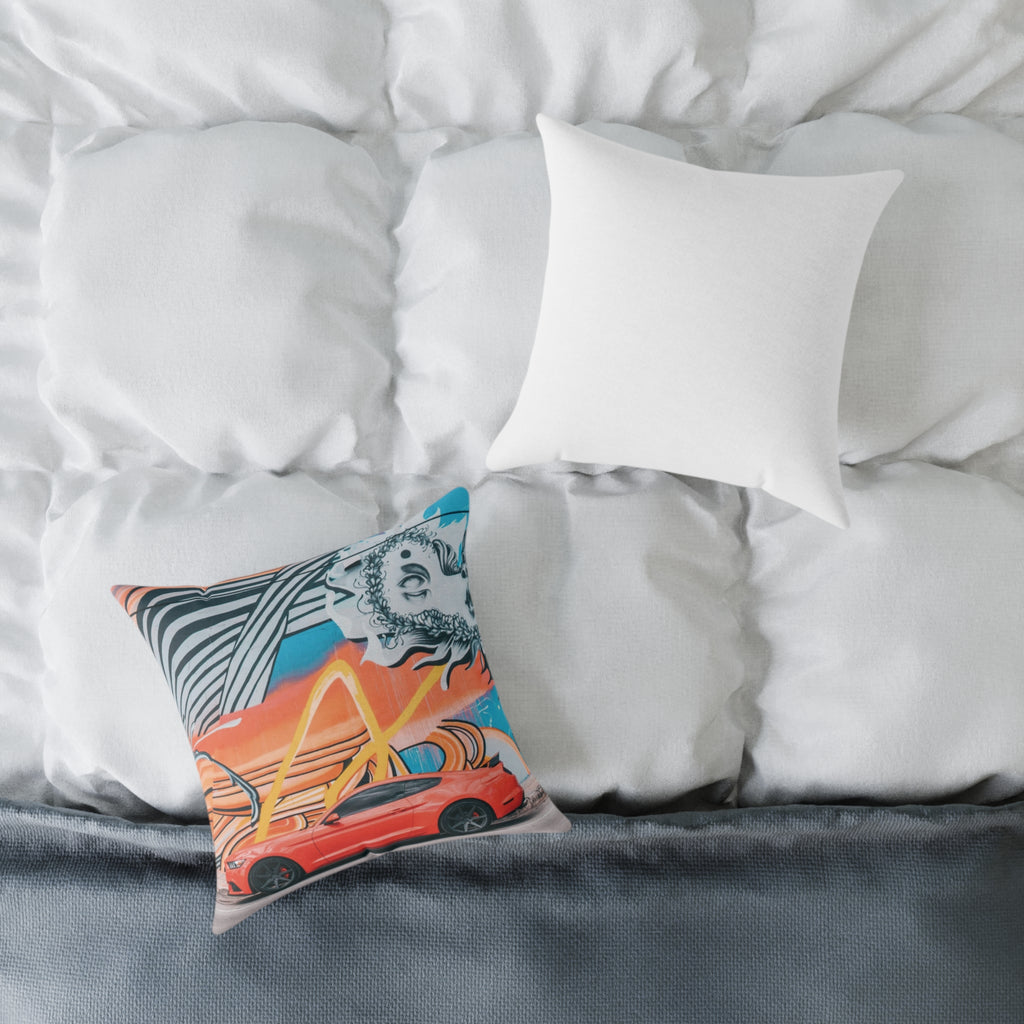 Muscle car pillow in a man cave living room setting