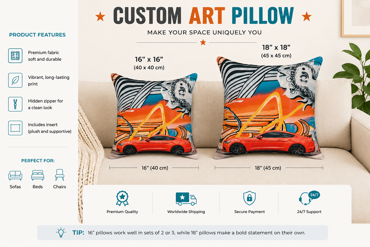 16x16 and 18x18 sports car pillow size comparison