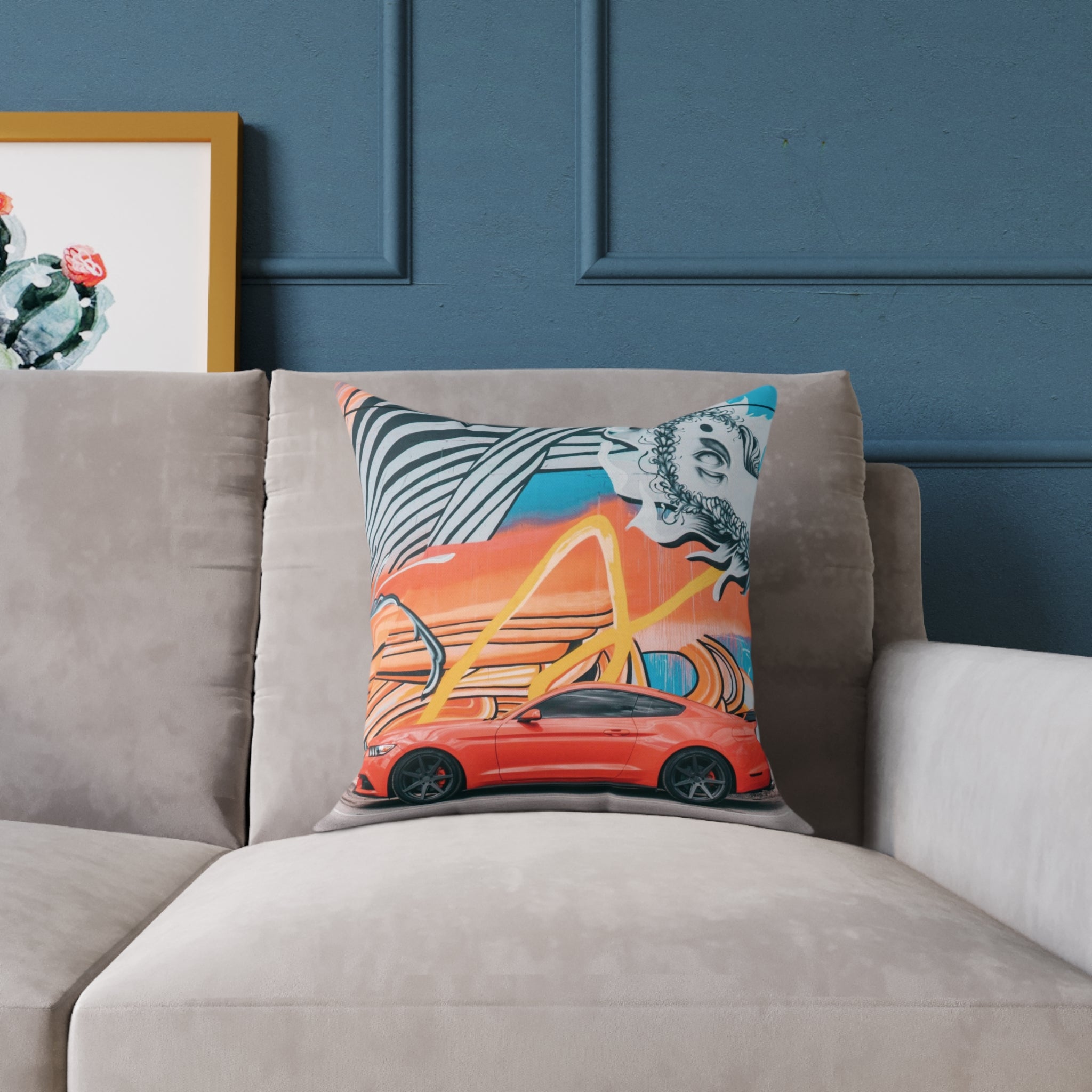 Sports car pillow displayed on a sofa – gift for car lovers