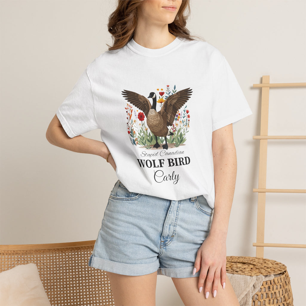 Man wearing Stupid Canadian Wolf Bird funny goose tee - lifestyle photo