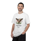 Stupid Canadian Wolf Bird T-shirt worn by woman outdoors - lifestyle photo