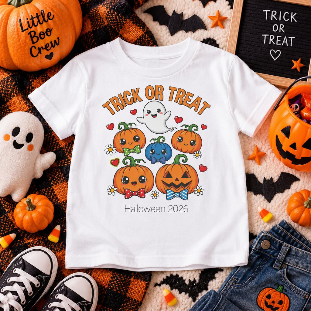 Boy wearing Trick or Treat kawaii pumpkin Halloween t-shirt