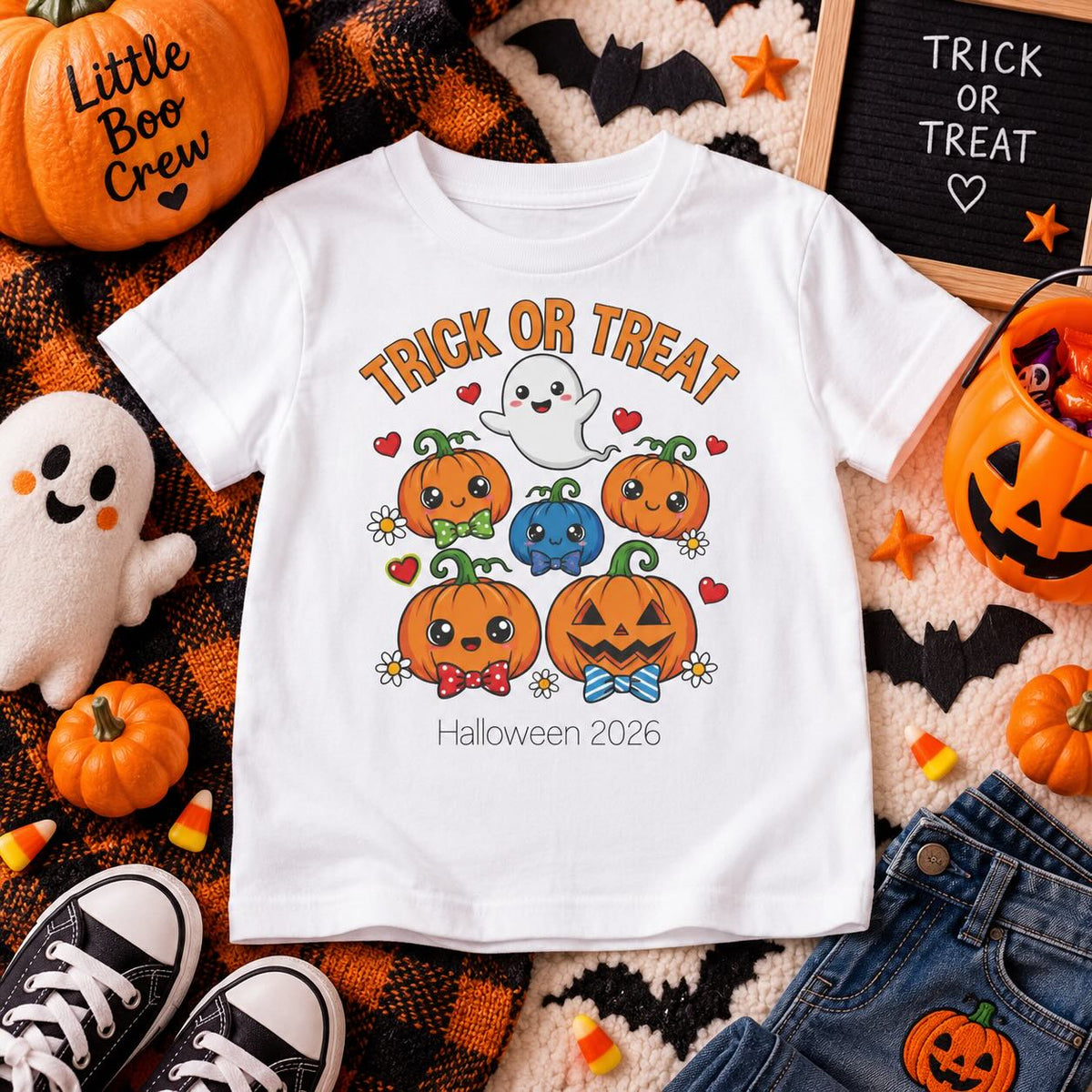 Boy wearing Trick or Treat kawaii pumpkin Halloween t-shirt