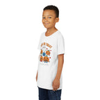 Close-up of kawaii pumpkin and ghost graphic on kids Halloween tee