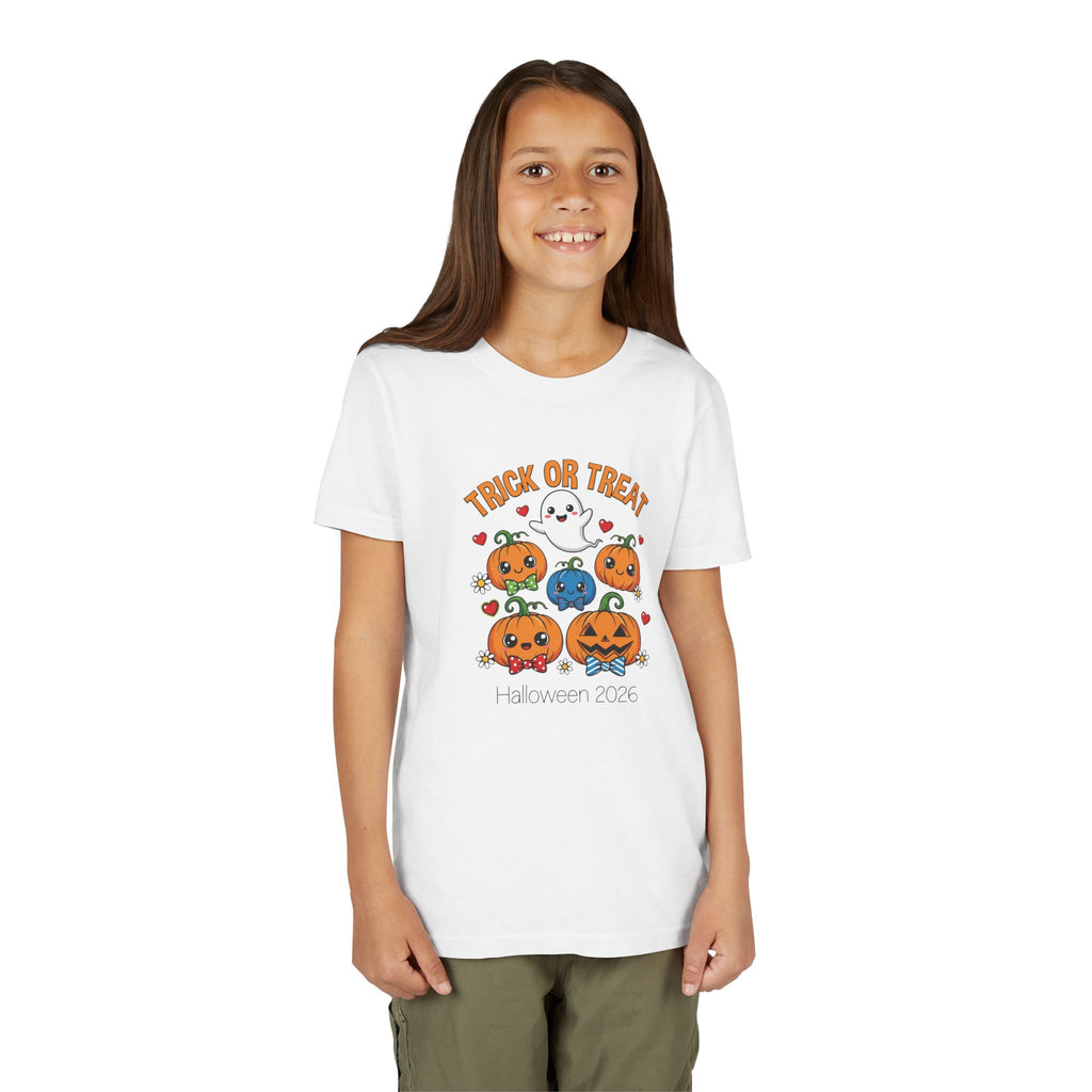 Girl wearing Trick or Treat kawaii pumpkin Halloween t-shirt