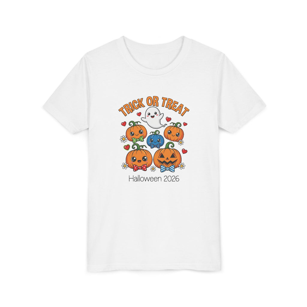 Trick or Treat kawaii pumpkin kids Halloween t-shirt, front flat lay
