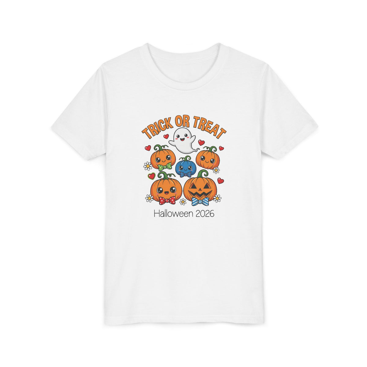 Trick or Treat kawaii pumpkin kids Halloween t-shirt, front flat lay