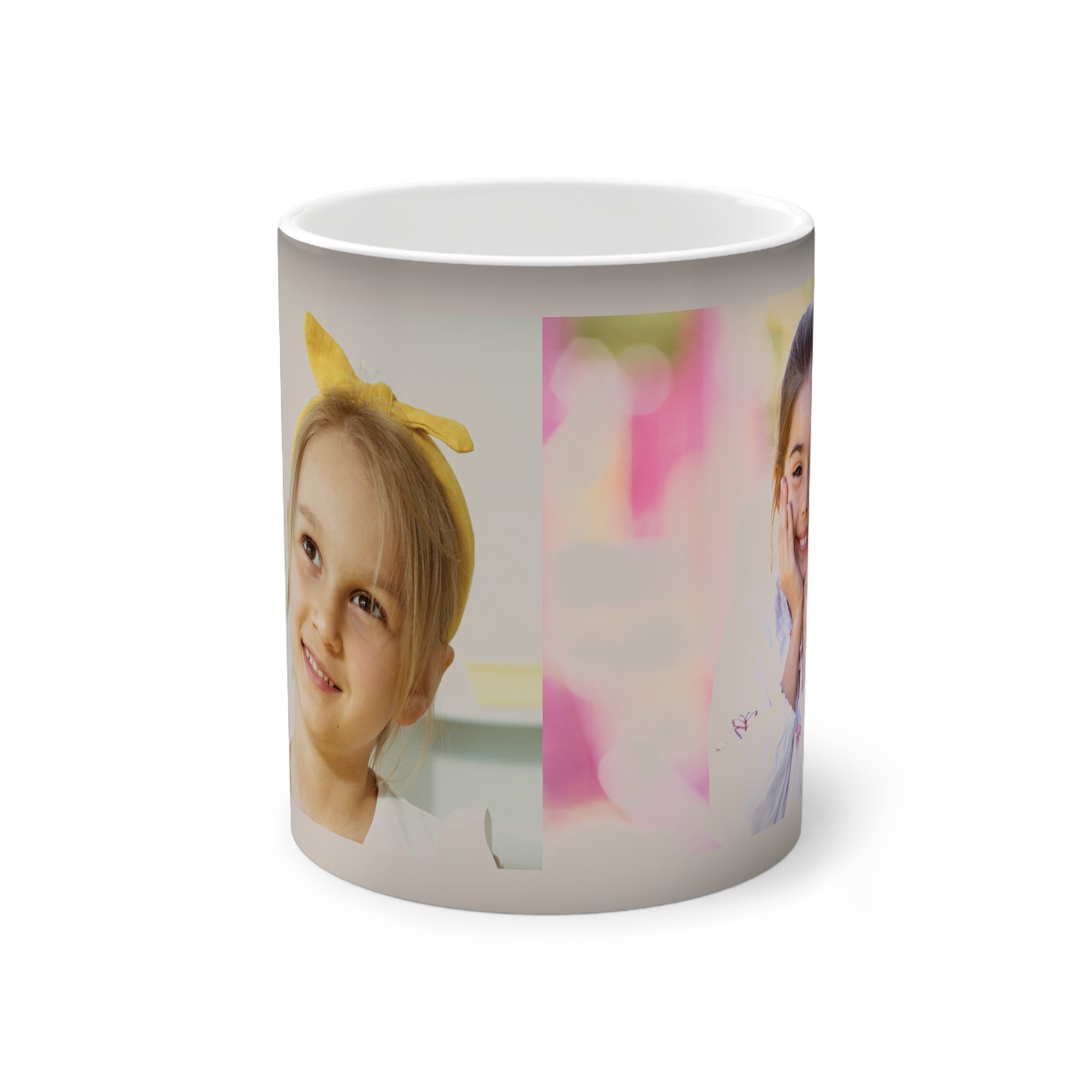 Personalised two-photo colour-changing mug on desk - lifestyle photo