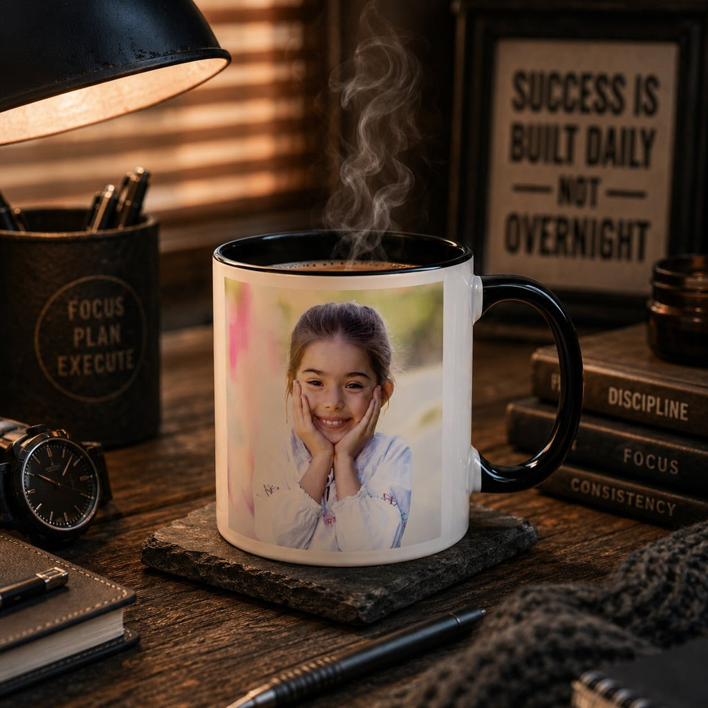 Two-Photo colour-changing mug shown with a personalized custom photo of a smiling child printed on the ceramic