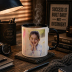 Two-Photo colour-changing mug shown with a personalized custom photo of a smiling child printed on the ceramic