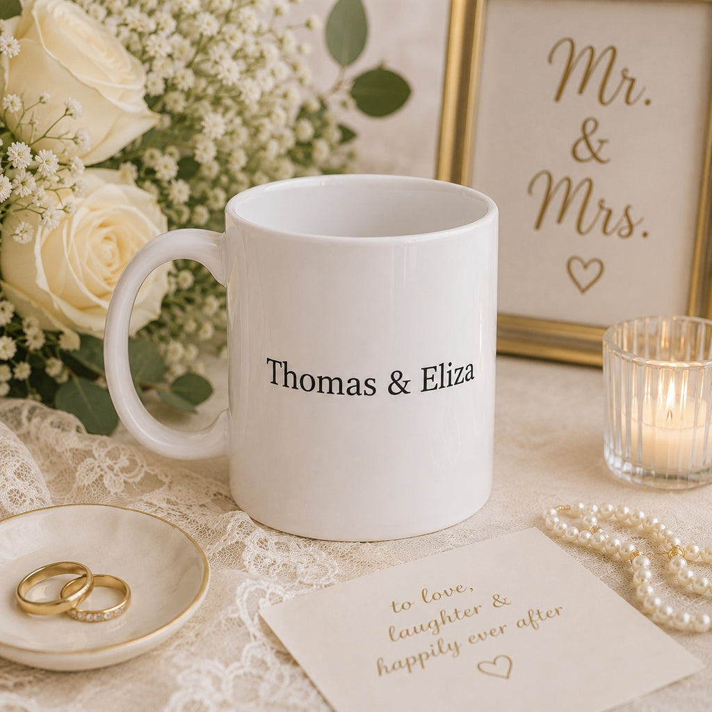 Wedding Toast mug styled in a home setting
