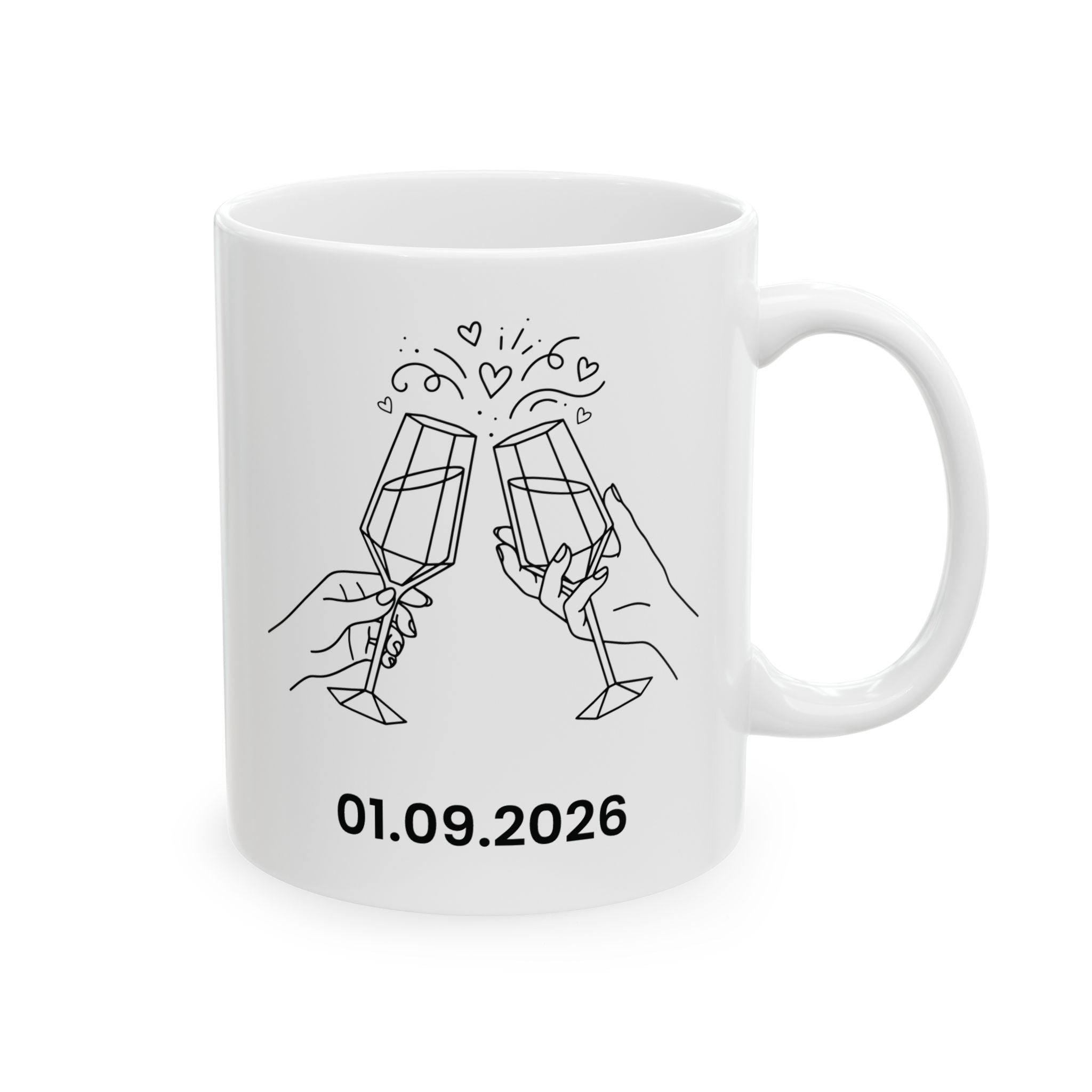 Personalised Wedding Toast mug with custom date and champagne glasses design, main view